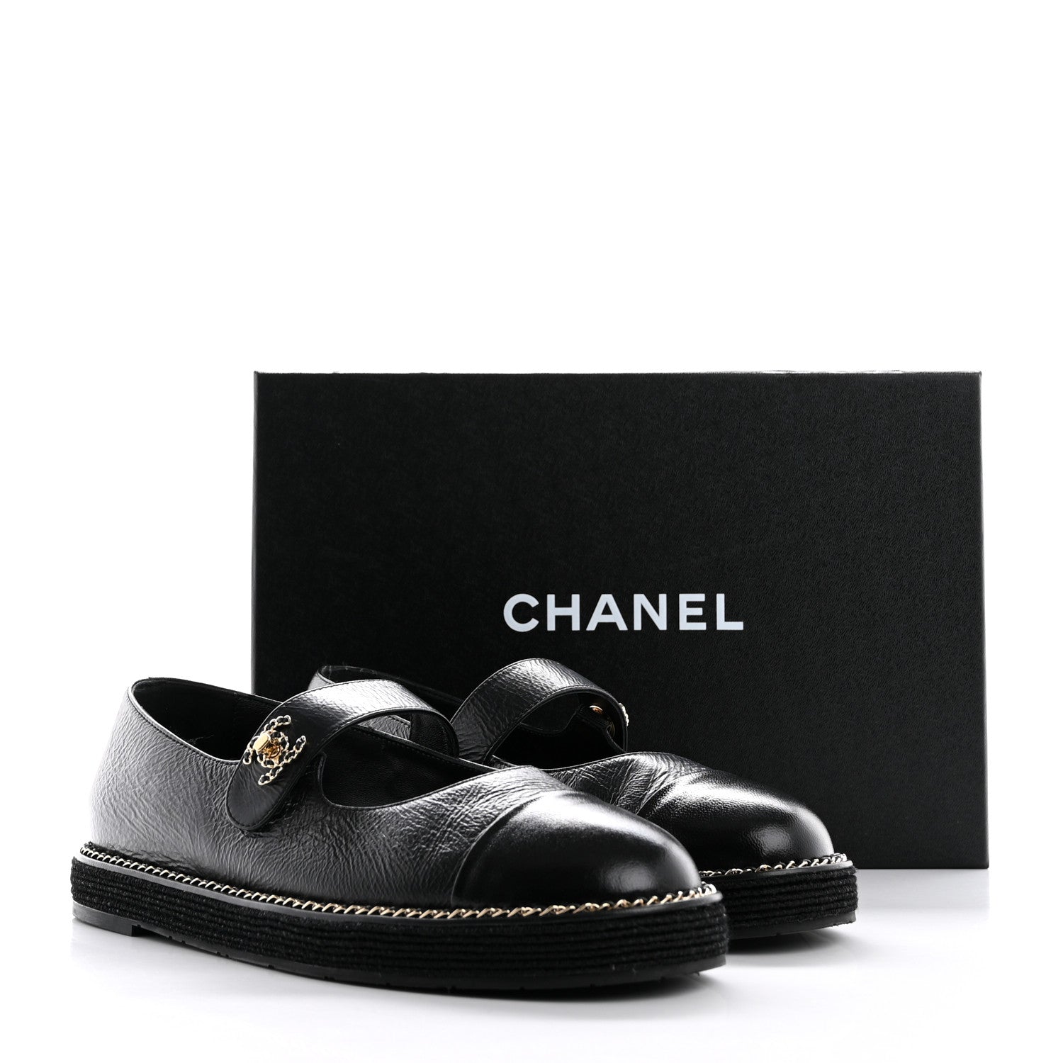 Chanel Crumpled Lambskin Cap Toe Chain CC Turnlock Mary Jane Flats