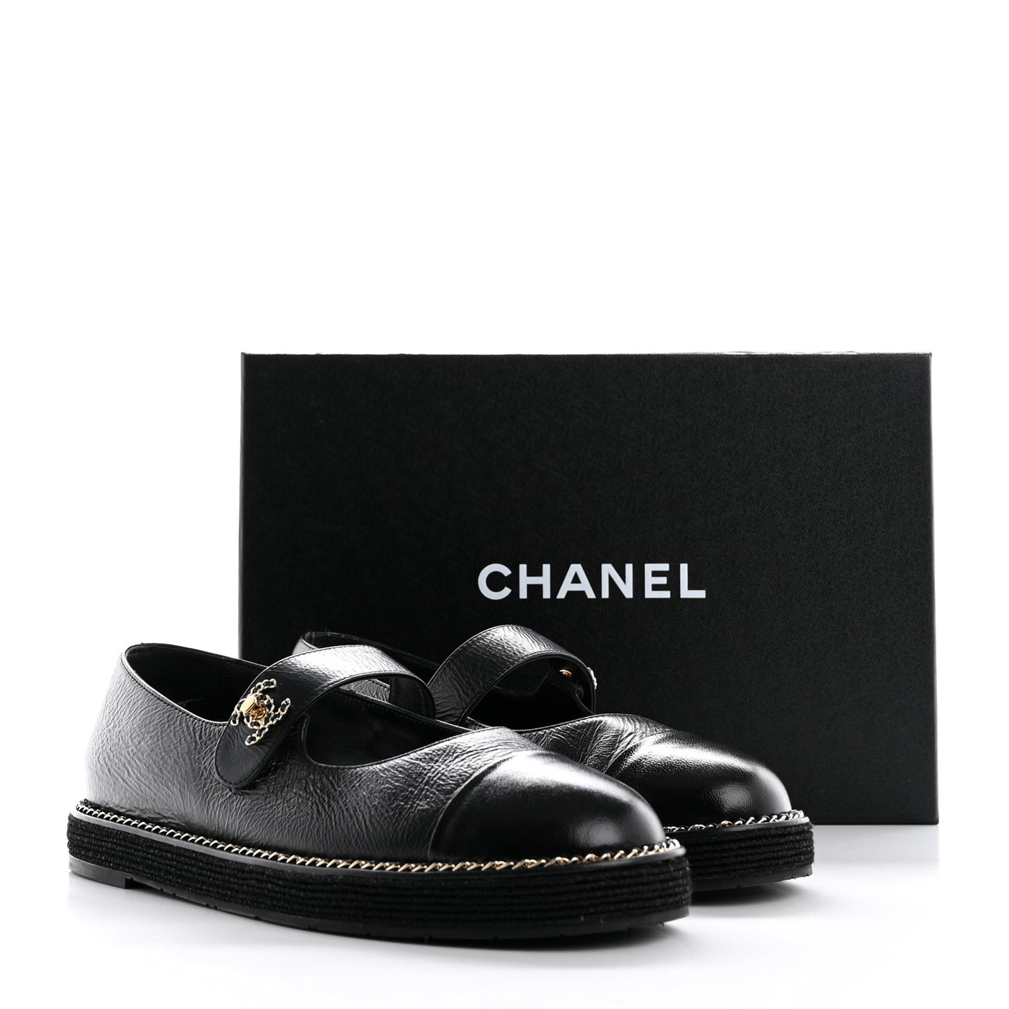 Crumpled Lambskin Cap Toe Chain CC Turnlock Mary Jane Flats 39 Black