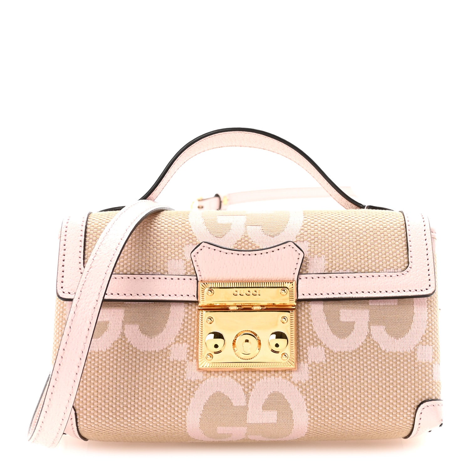 Gucci Monogram Jumbo GG Textured Dollar Calfskin Mini Padlock Top Handle Shoulder Bag Beige Perfect Pink 1 of 10