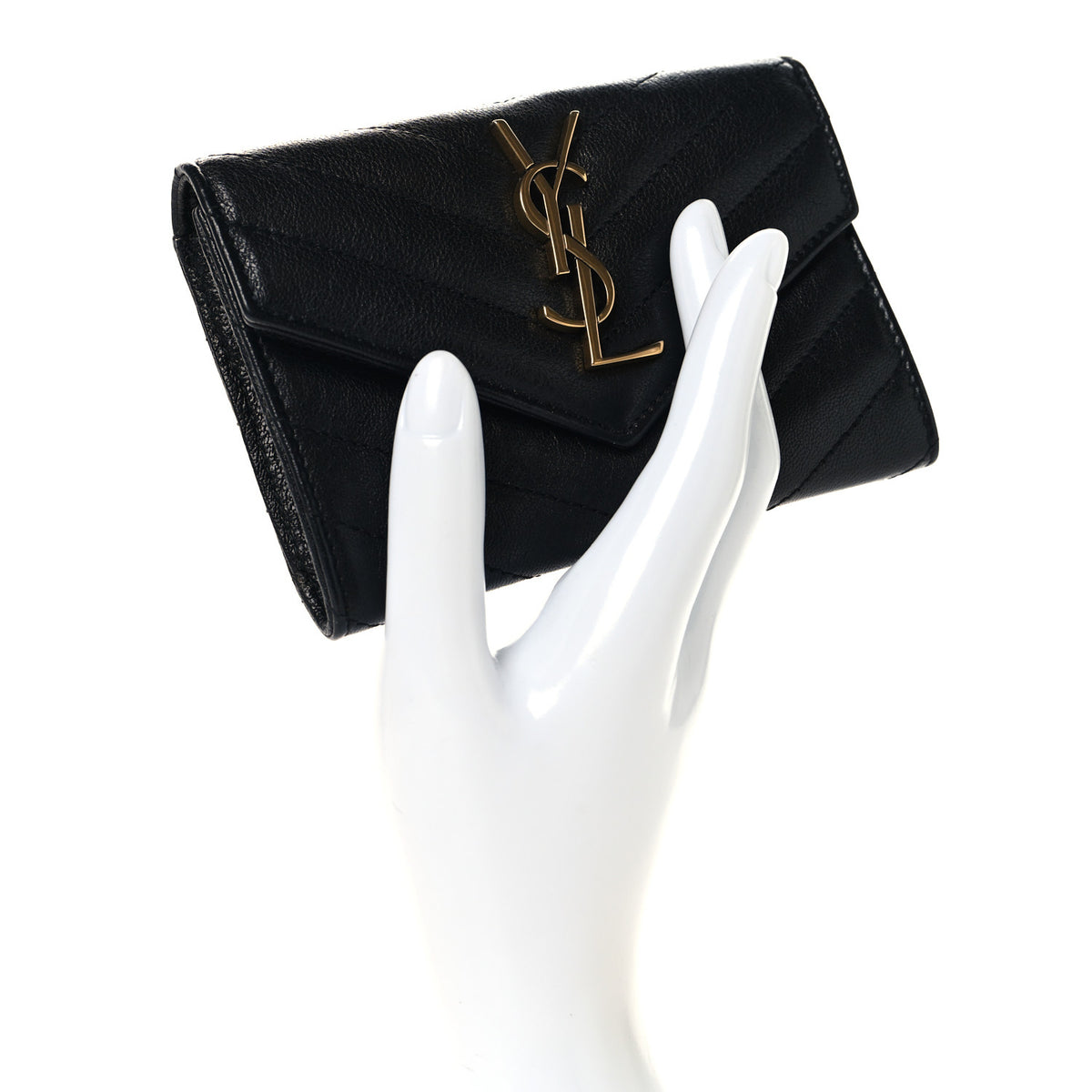 Lambskin Matelasse Chevron Small Monogram Envelope Wallet Black