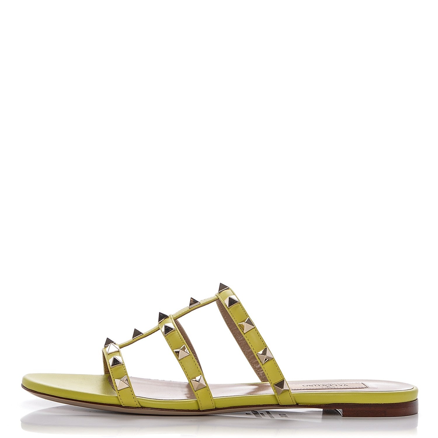Valentino Garavani Nappa Rockstud Caged Flat Slide Sandals 37.5 Acid Yellow 1 of 8