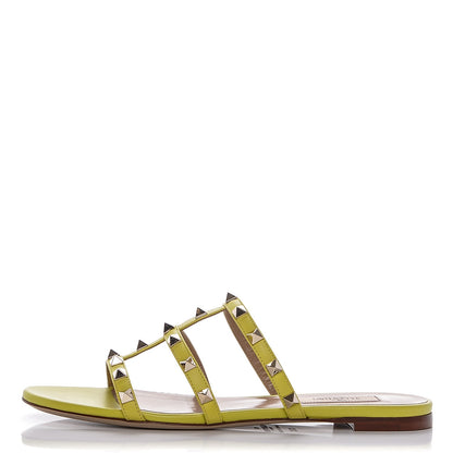 Valentino Garavani Nappa Rockstud Caged Flat Slide Sandals 37.5 Acid Yellow 1 of 8