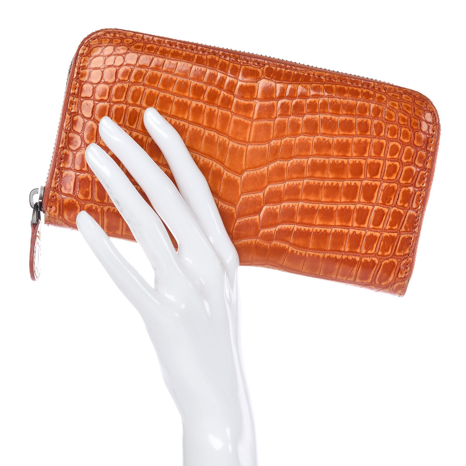Bottega Veneta Shiny Crocodile Zip Around Wallet Orange 2 of 20