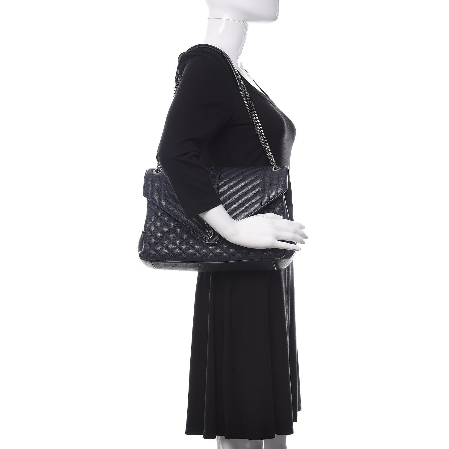 Saint Laurent Calfskin Mixed Matelasse Triquilt Large Monogram Envelope Satchel Deep Marine 2 of 11