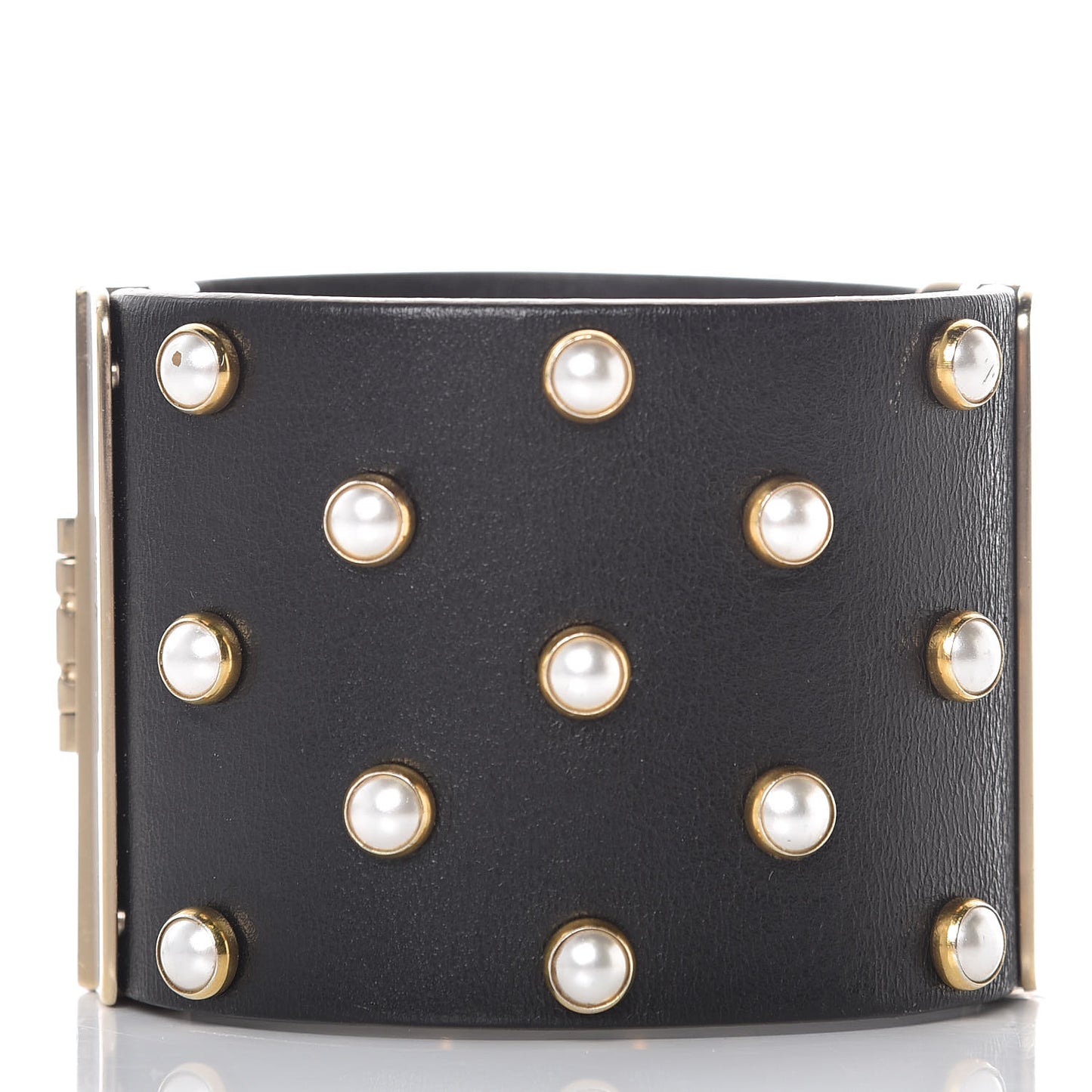 Lambskin Calfskin Pearl CC Cuff Bracelet Black Gold
