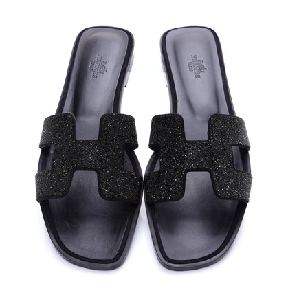 Hermes Suede Goatskin Crystal Powder Oran Sandals 40 Black 9 of 14
