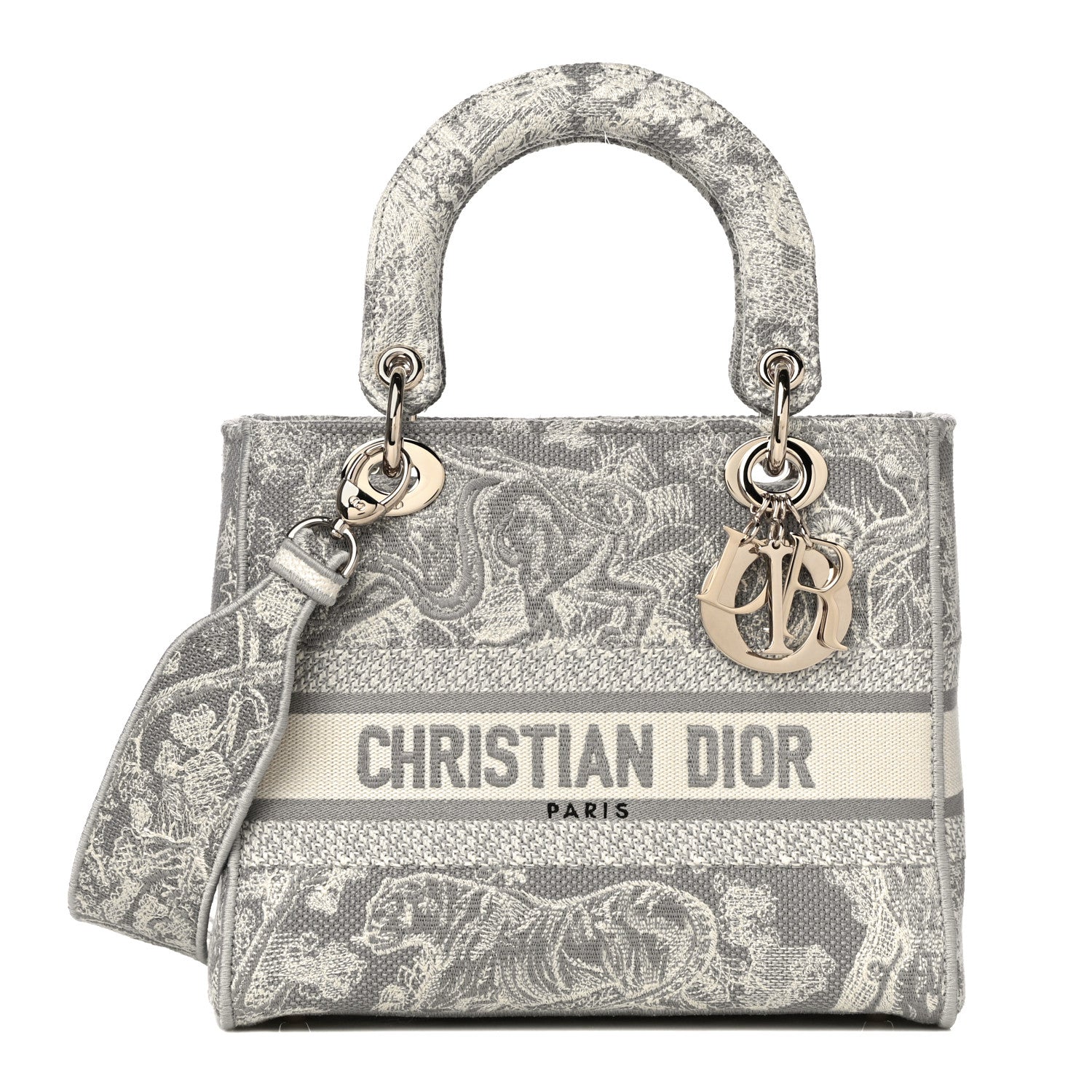 Christian Dior Canvas Toile De Jouy Reverse Embroidered Medium Lady D-Lite Gray 1 of 9