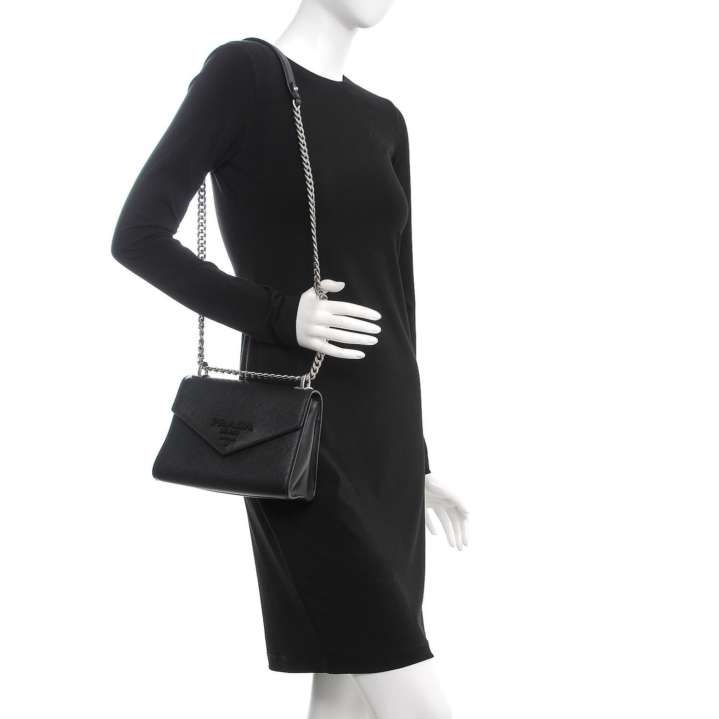 Saffiano Cuir Calfskin Monochrome Envelope Flap Chain Shoulder Bag Black