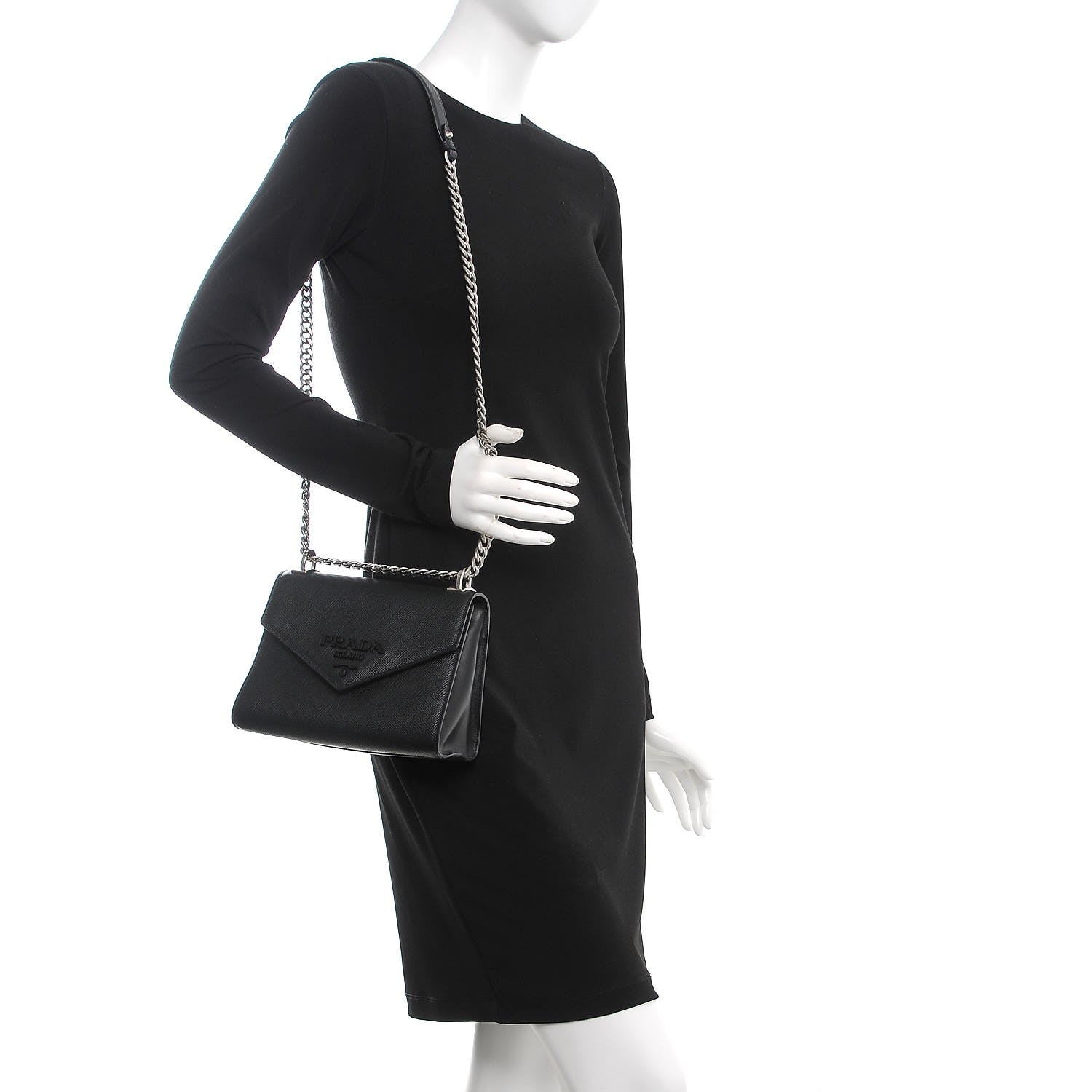 Prada Saffiano Cuir Calfskin Monochrome Envelope Flap Chain Shoulder Bag Black 2 of 7