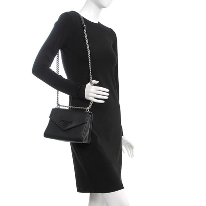 Prada Saffiano Cuir Calfskin Monochrome Envelope Flap Chain Shoulder Bag Black 2 of 7