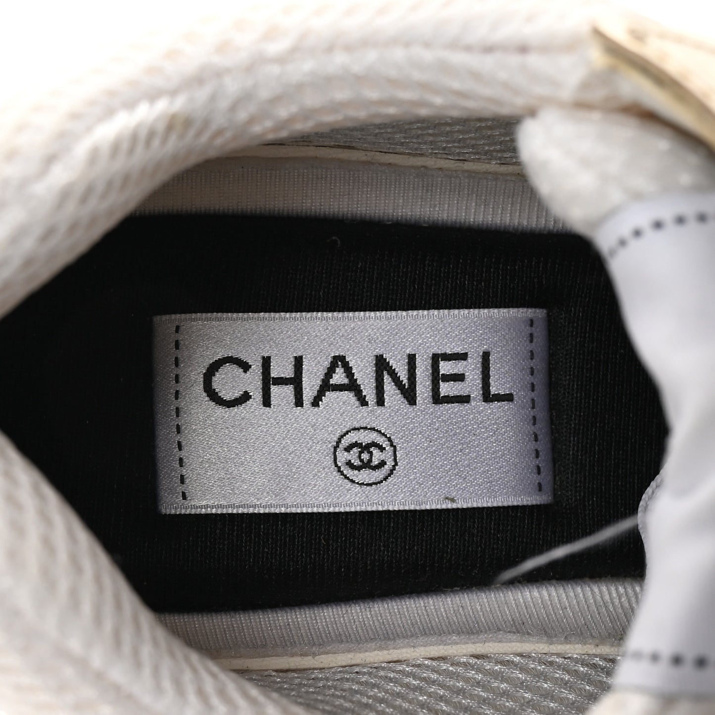 Fabric Laminated Calfskin Stretch CC Sneakers 38.5 White Gold Silver