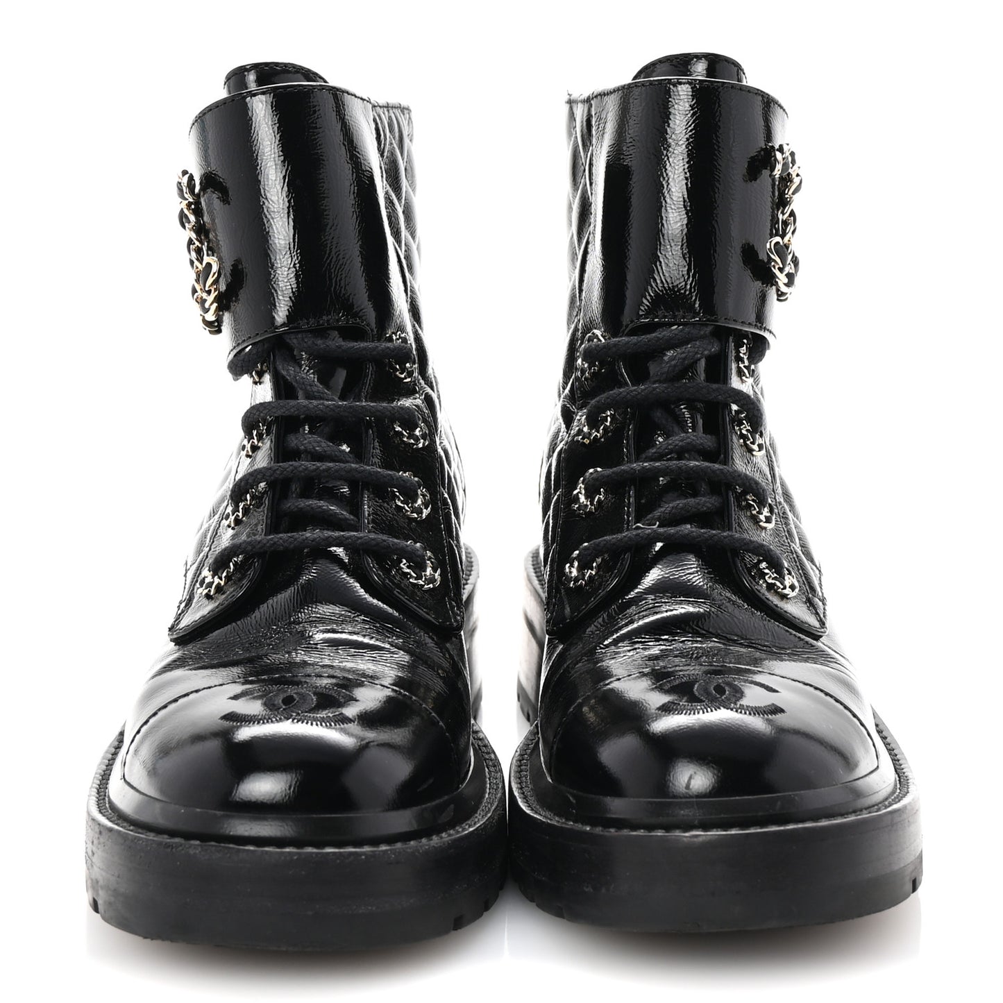Shiny Calfskin Quilted Lace Up Combat Boots 37 Black