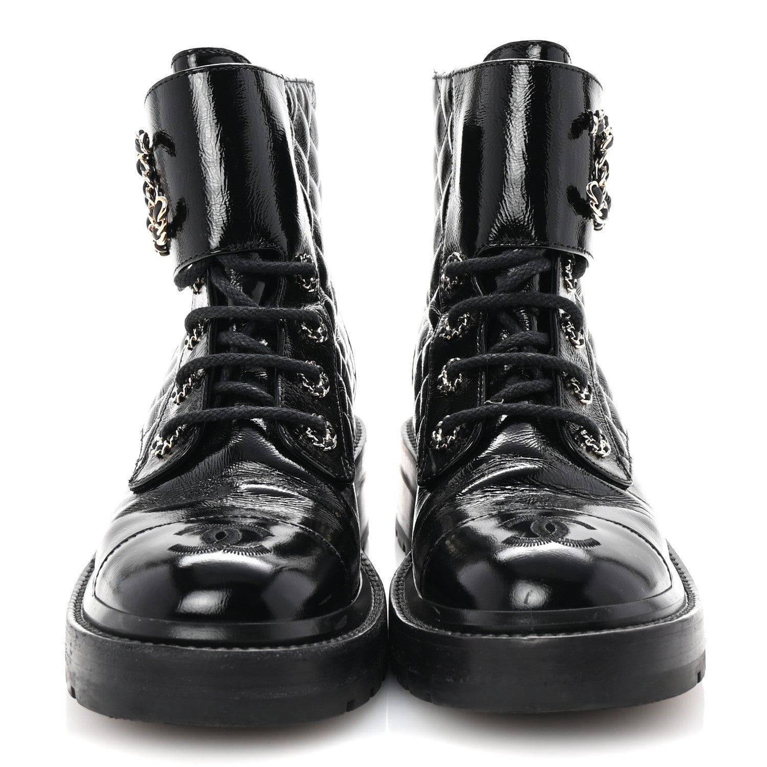 Chanel Shiny Calfskin Quilted Lace Up Combat Boots 37 Black 3 of 9