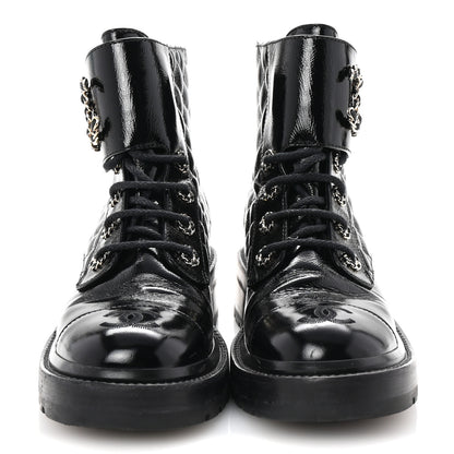 Chanel Shiny Calfskin Quilted Lace Up Combat Boots 37 Black 3 of 9