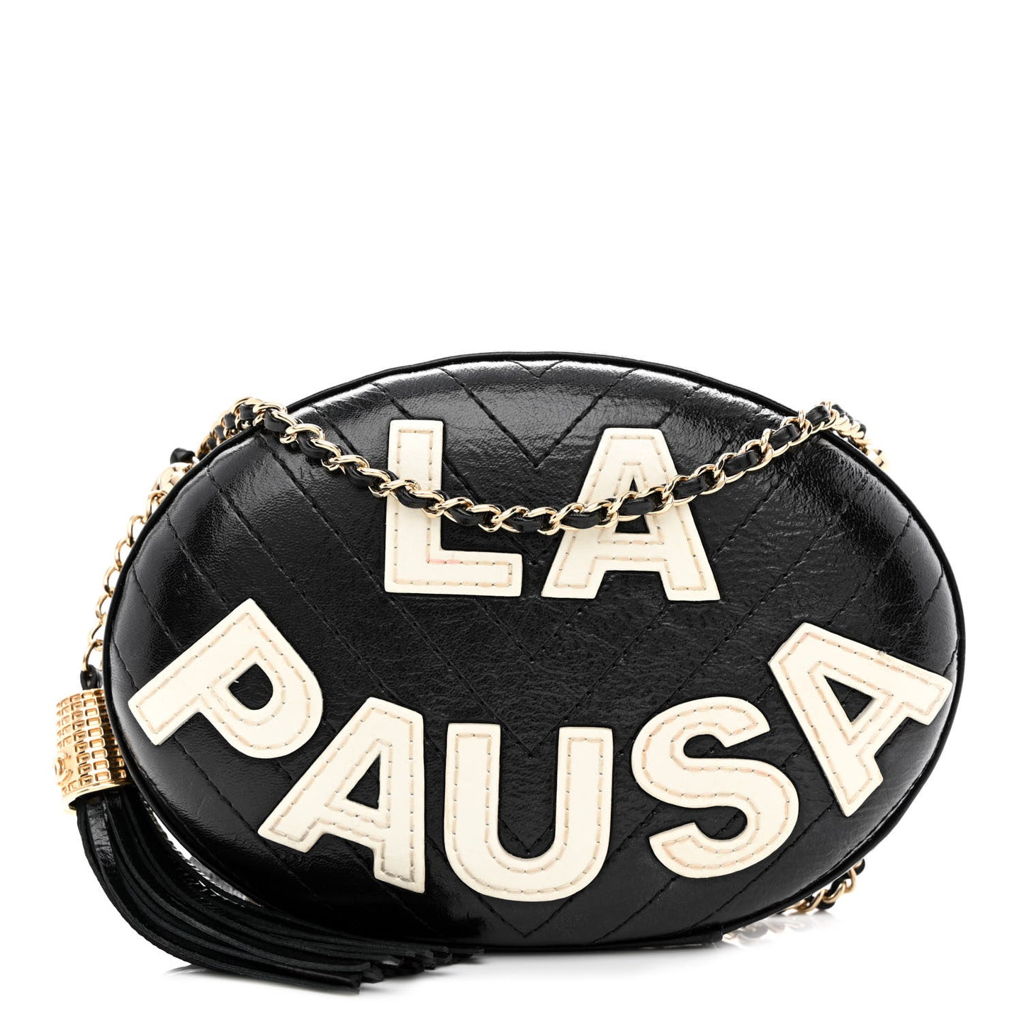 Lambskin Embroidered Chevron Quilted La Pausa Tassel Clutch Black