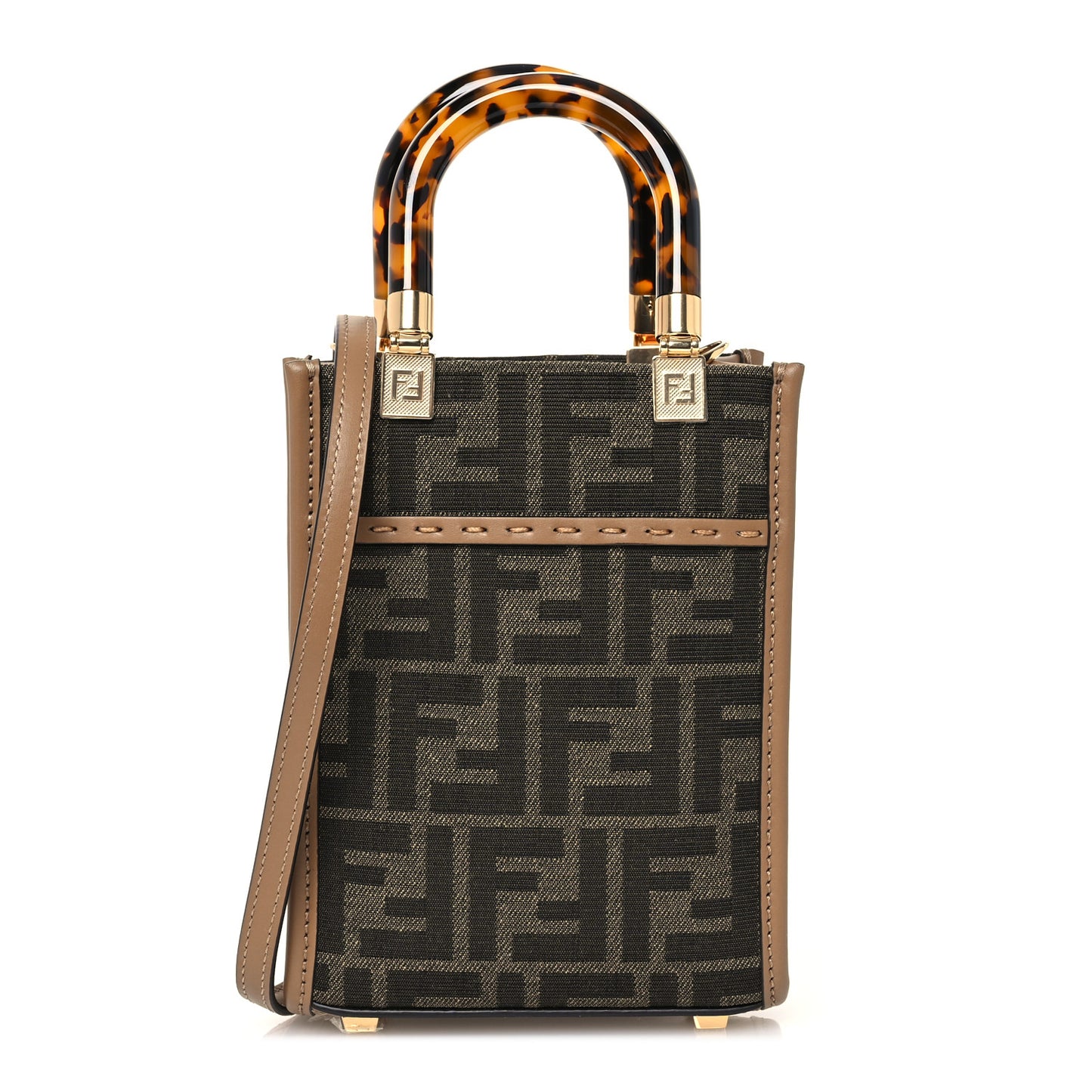 Fabric Jacquard Vitello King Plexiglass FF 1974 Mini Fendi Sunshine Shopper Tote Tobacco Moro Sand