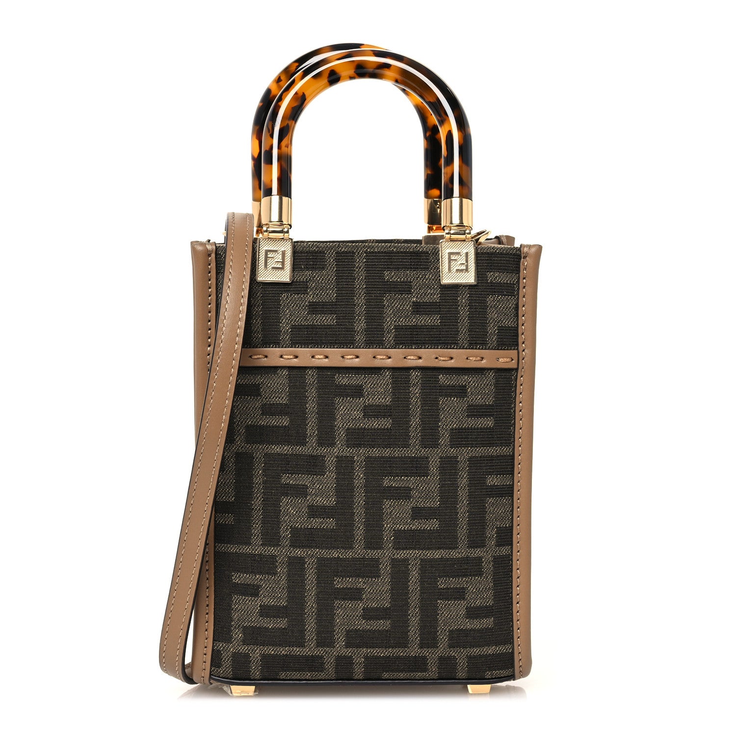 Fendi Fabric Jacquard Vitello King Plexiglass FF 1974 Mini Fendi Sunshine Shopper Tote Tobacco Moro Sand 1 of 11