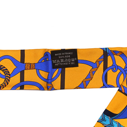 Hermes Silk Panoplie Equestre Fringed Twilly Curry Bleu 4 of 4