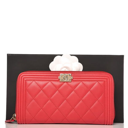 Chanel Lambskin Quilted Boy Zip Around Wallet Red 9 of 9