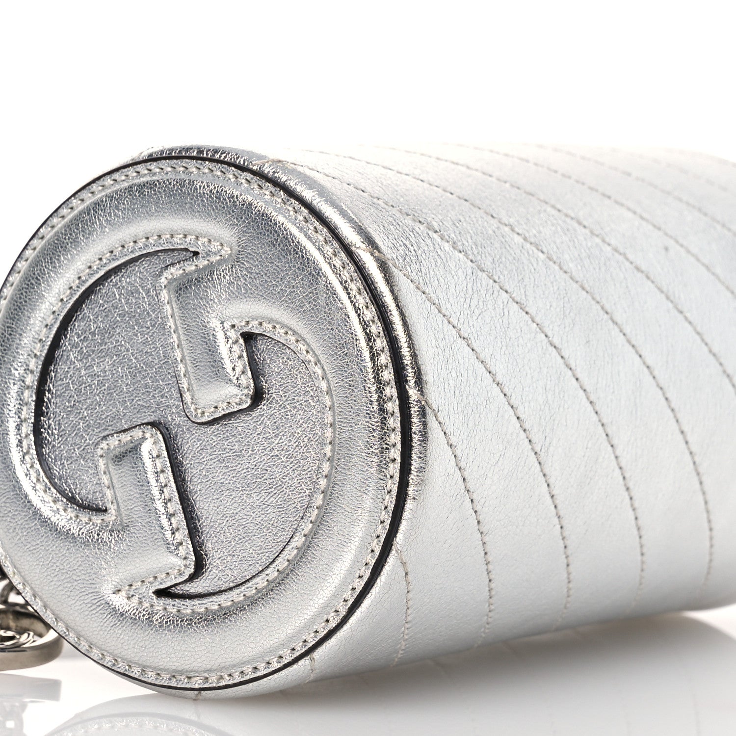 Gucci Sakai Be Green Calfskin Diagonal Stitched Mini Blondie Barrel Shoulder Bag Silver 8 of 15