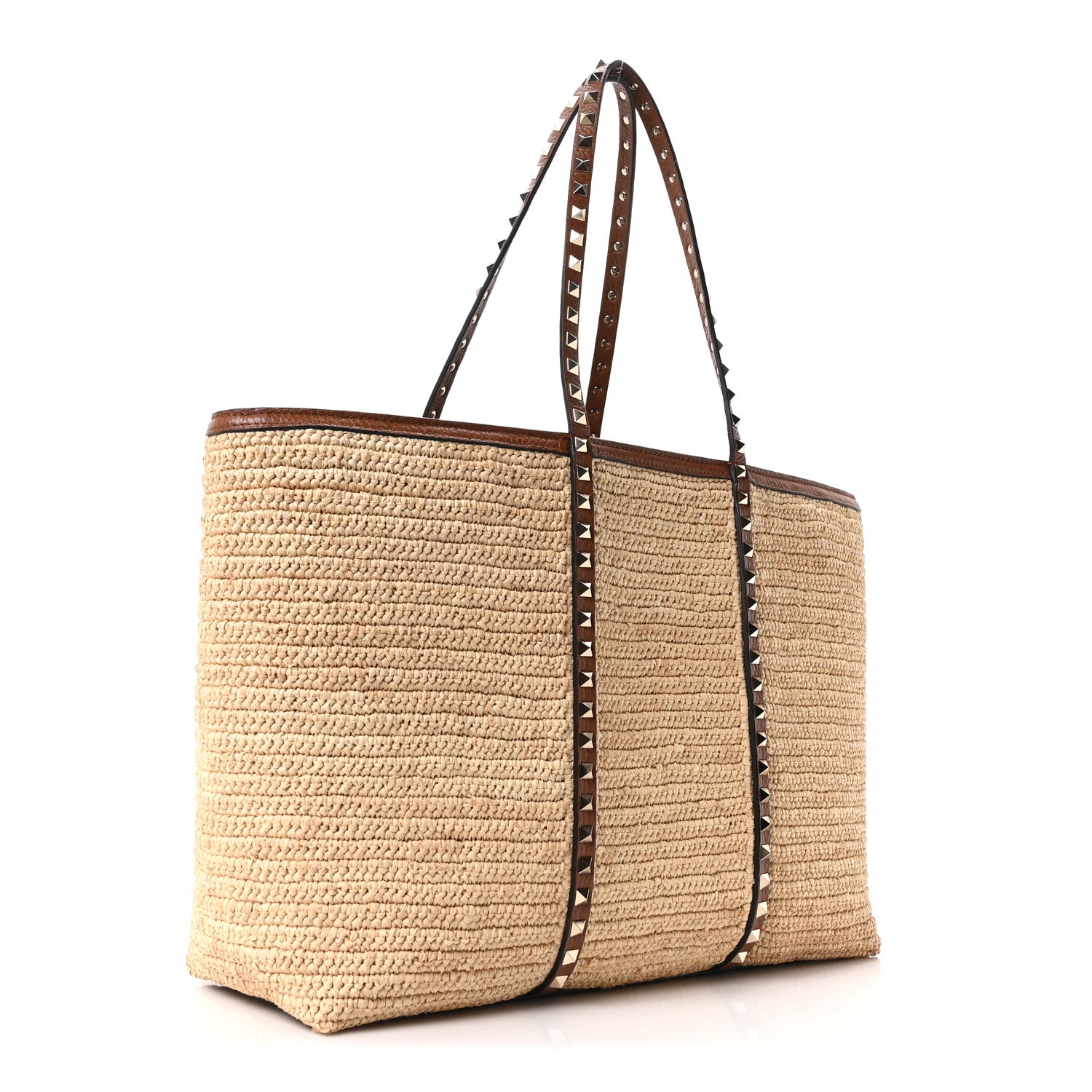Valentino Garavani Raffia Calfskin Rockstud Shopping Tote Naturale Saddle Brown 4 of 10