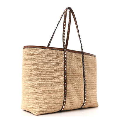 Valentino Garavani Raffia Calfskin Rockstud Shopping Tote Naturale Saddle Brown 4 of 10
