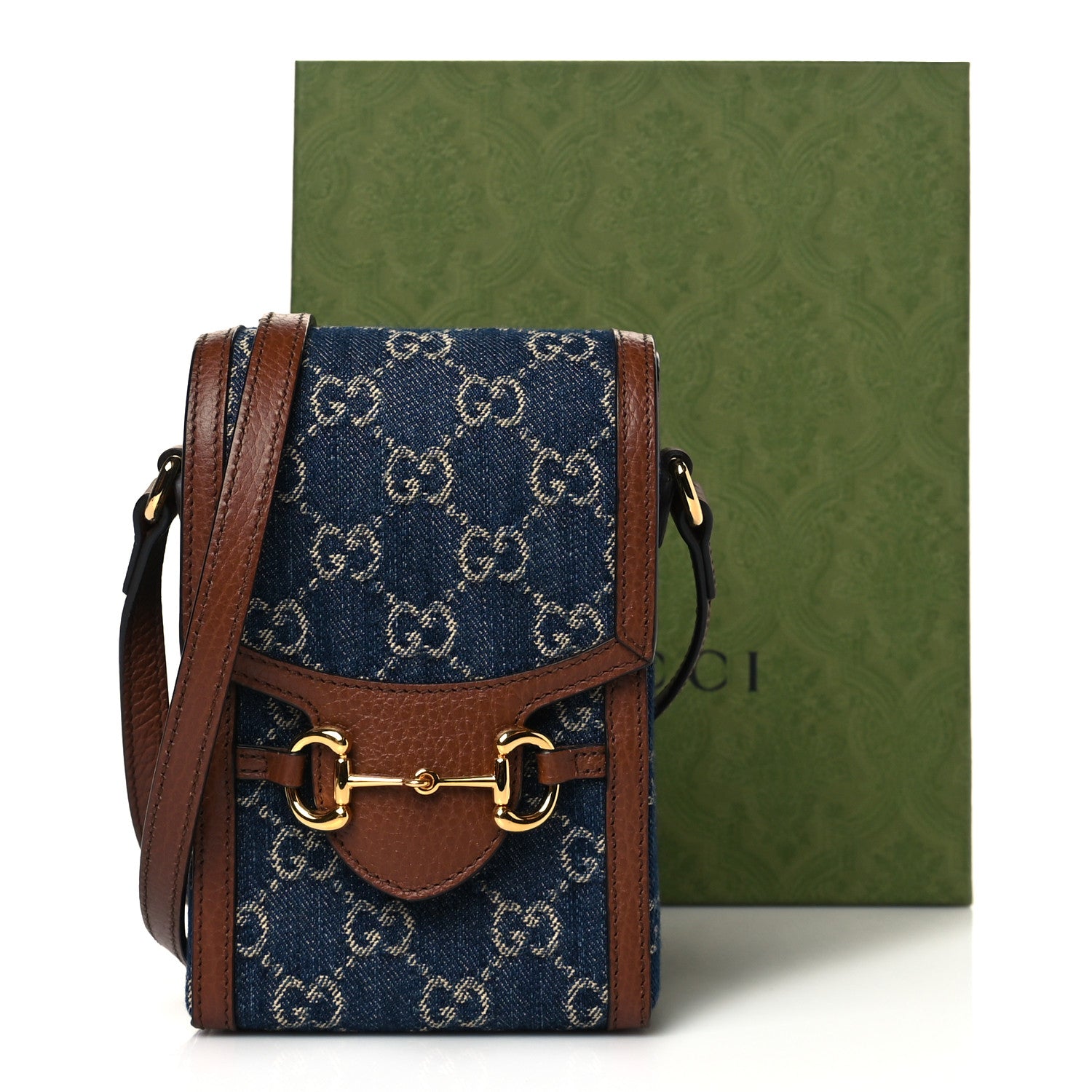 Gucci New Denim GG Monogram Dollar Calfskin Mini Horsebit 1955 Crossbody Bag Blue Tea Cuir Epilog 11 of 11