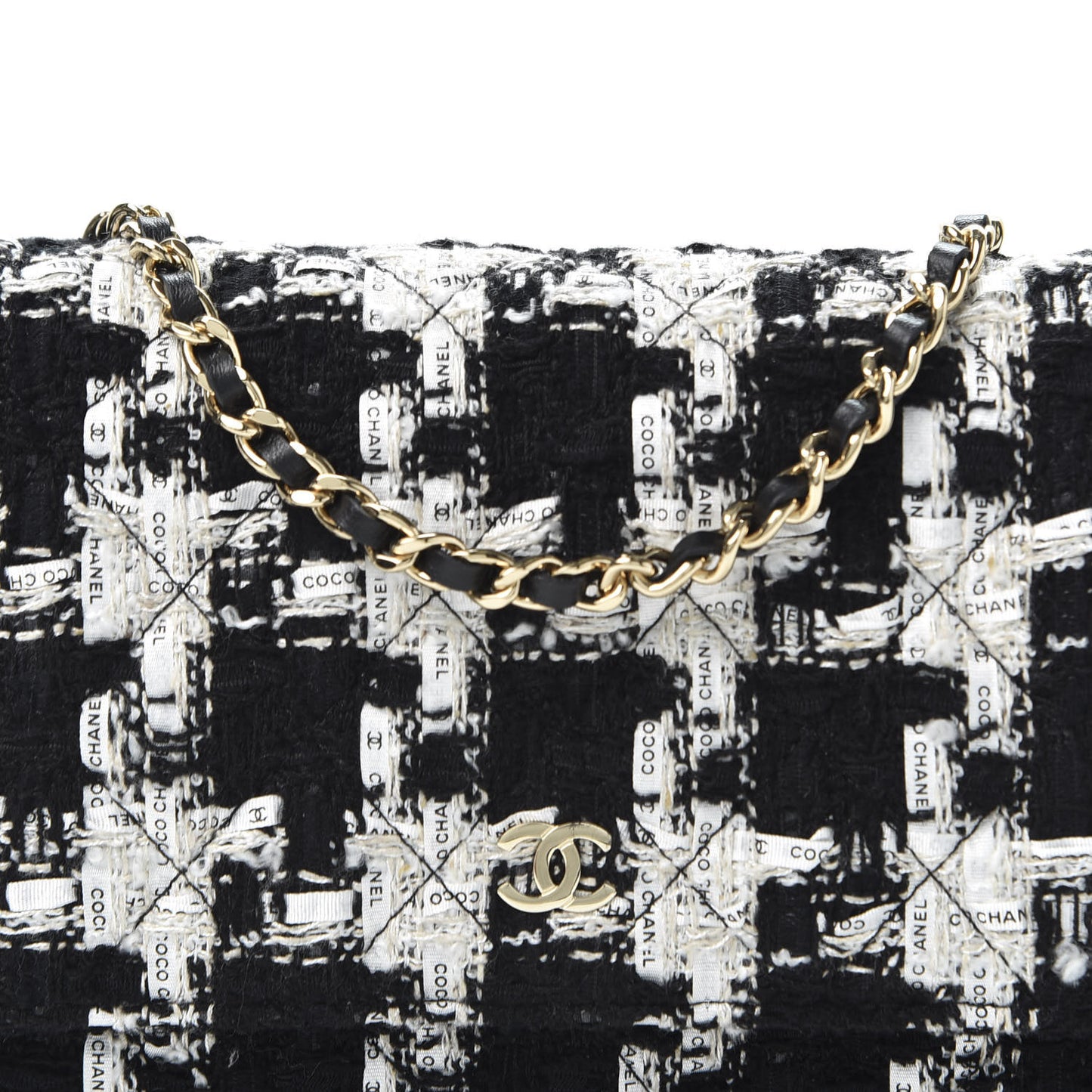 Tweed Quilted Wallet On Chain WOC Black Ecru White
