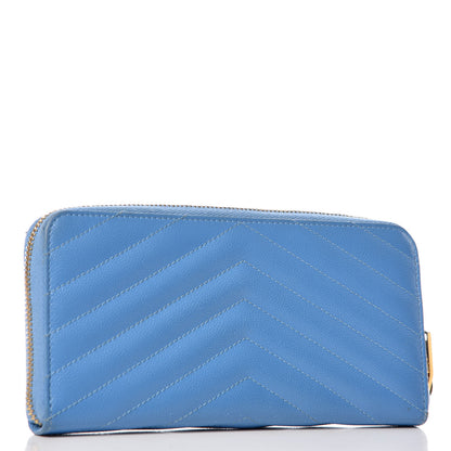 Saint Laurent Grain De Poudre Matelasse Chevron Monogram Zip Around Wallet Blue Clair 3 of 9