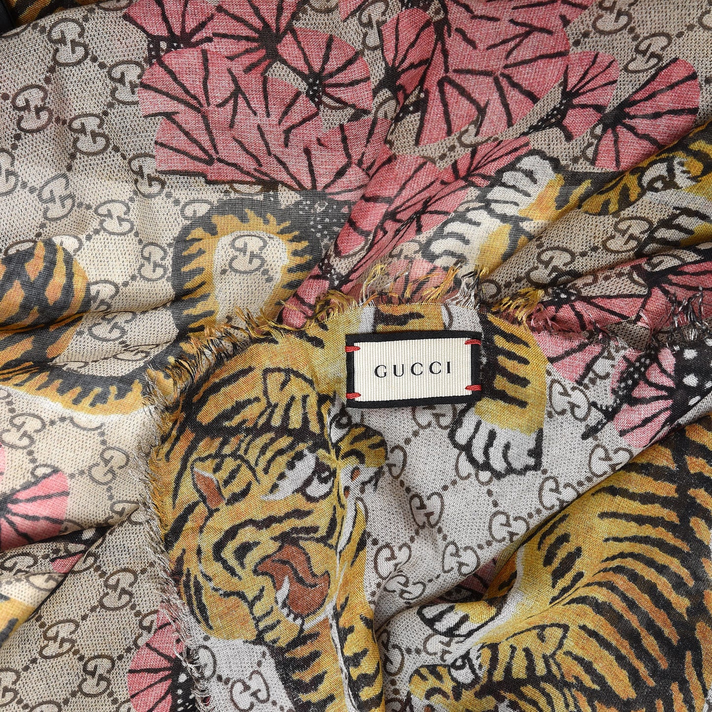 Modal Silk GG Monogram Supreme Tiger Square Shawl Rope Pink