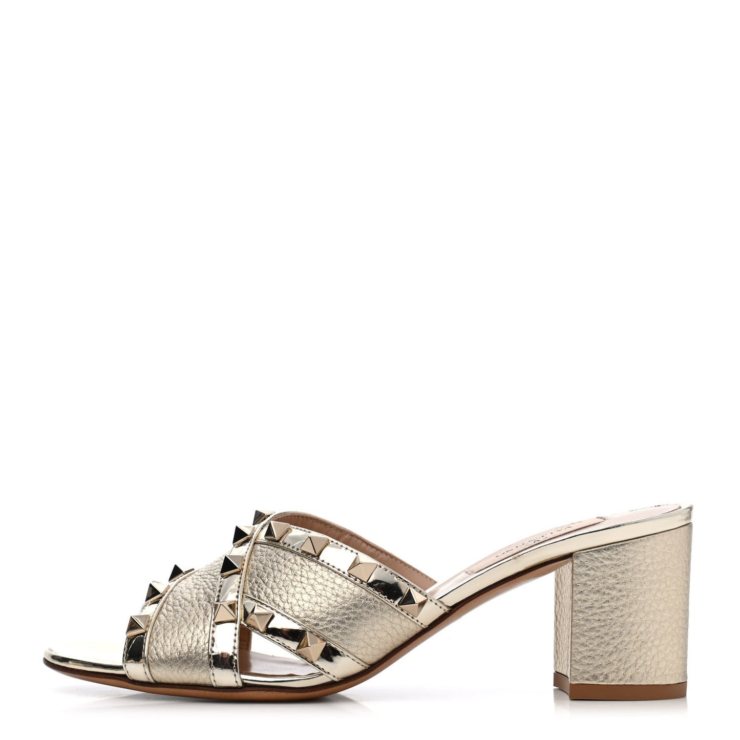 Metallic Pebbled Calfskin Rockstud Crisscross Slide 60mm Sandals 37 Platino