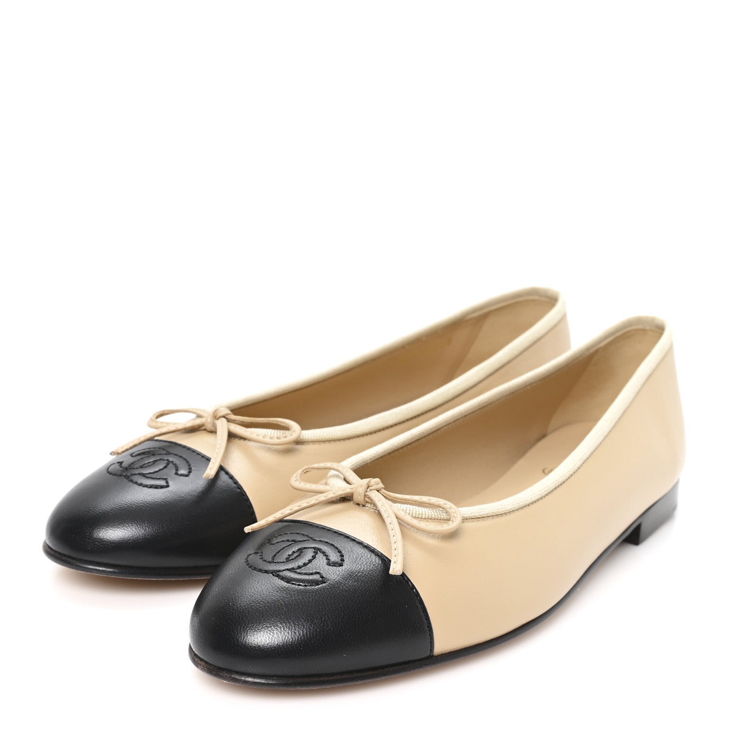 Chanel Lambskin Cap Toe CC Ballerina Flats 39.5 Beige Black 4 of 10