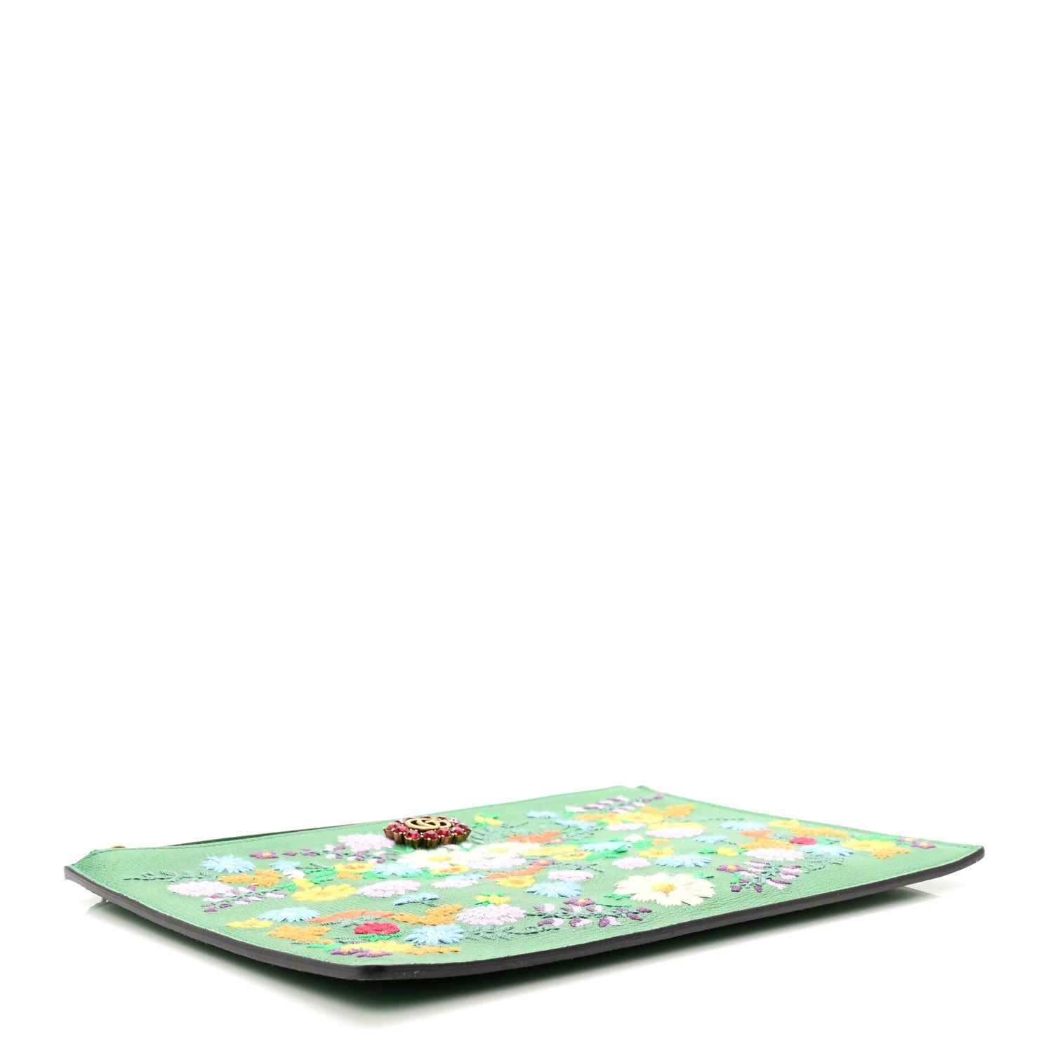 Gucci Textured Calfskin Crystal Fiori Floral Embroidered GG Zip Pouch Grass Green 4 of 7