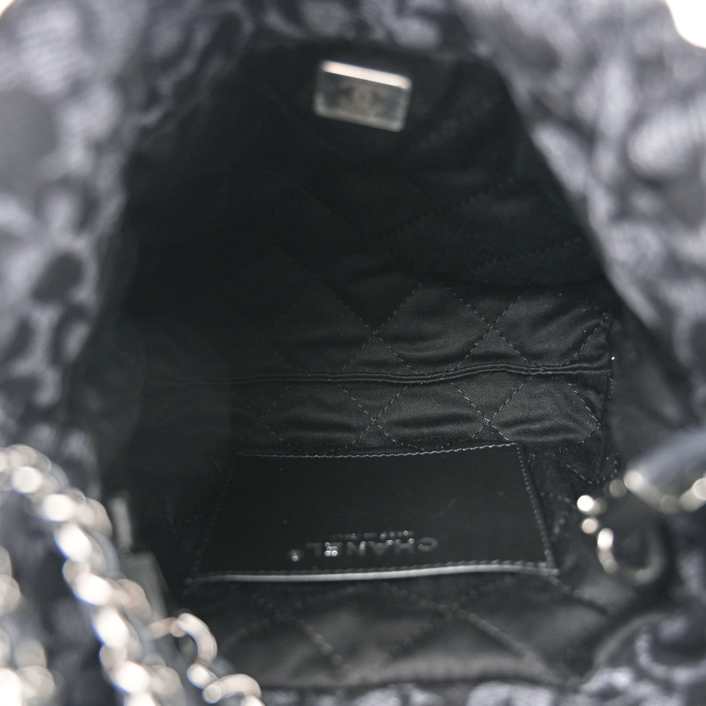 Denim Quilted Floral Print Mini Chanel 22 Black Grey