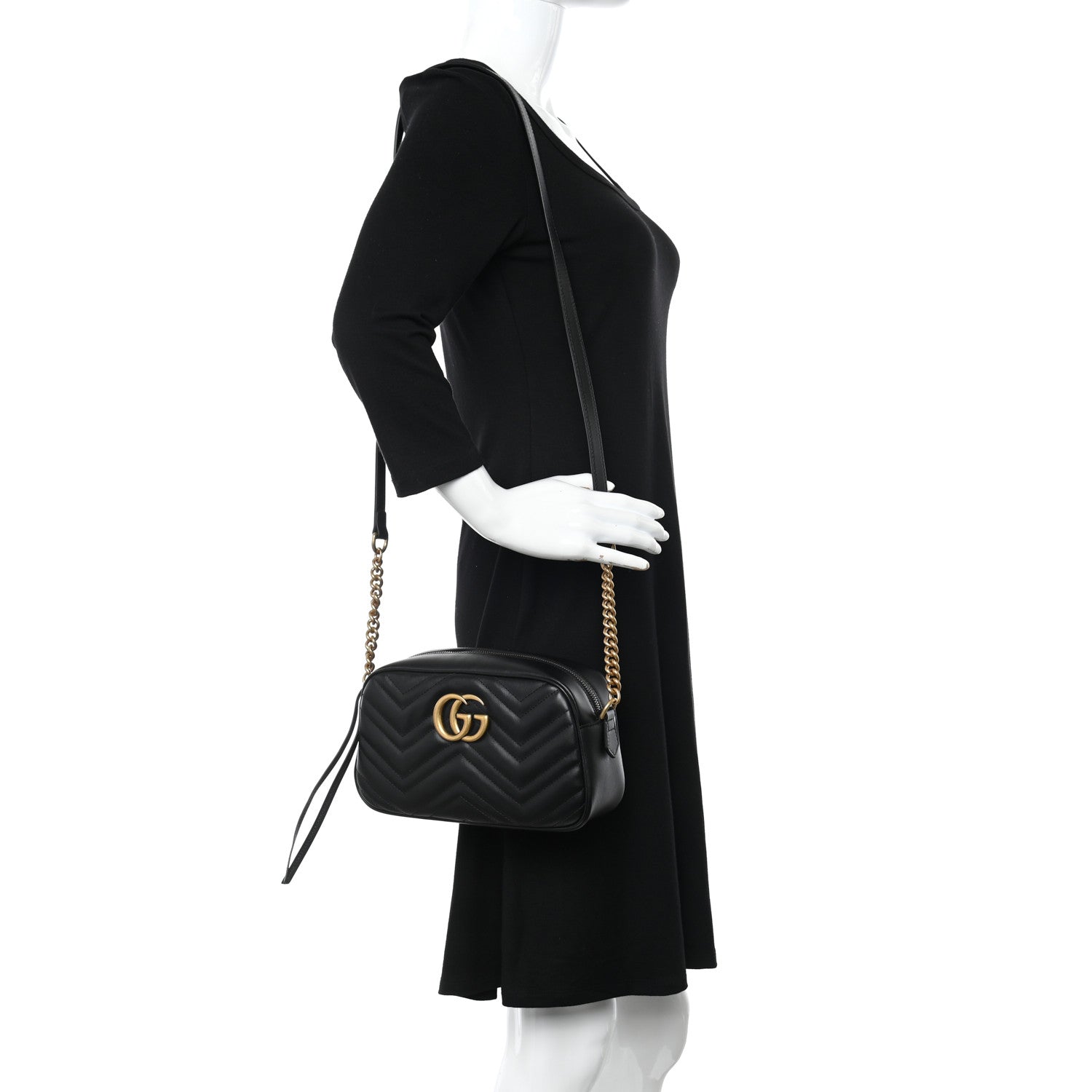 Gucci Calfskin Matelasse Small GG Marmont Chain Shoulder Bag Black 2 of 10