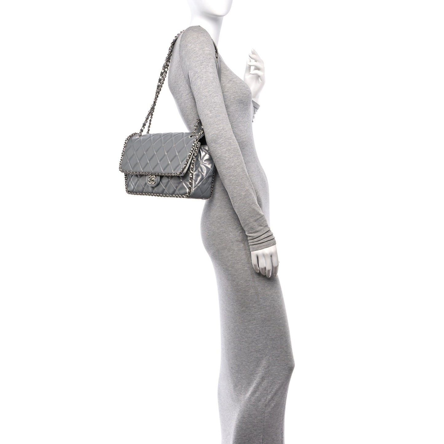 Metallic Lambskin Large Chain All Over Flap Silver