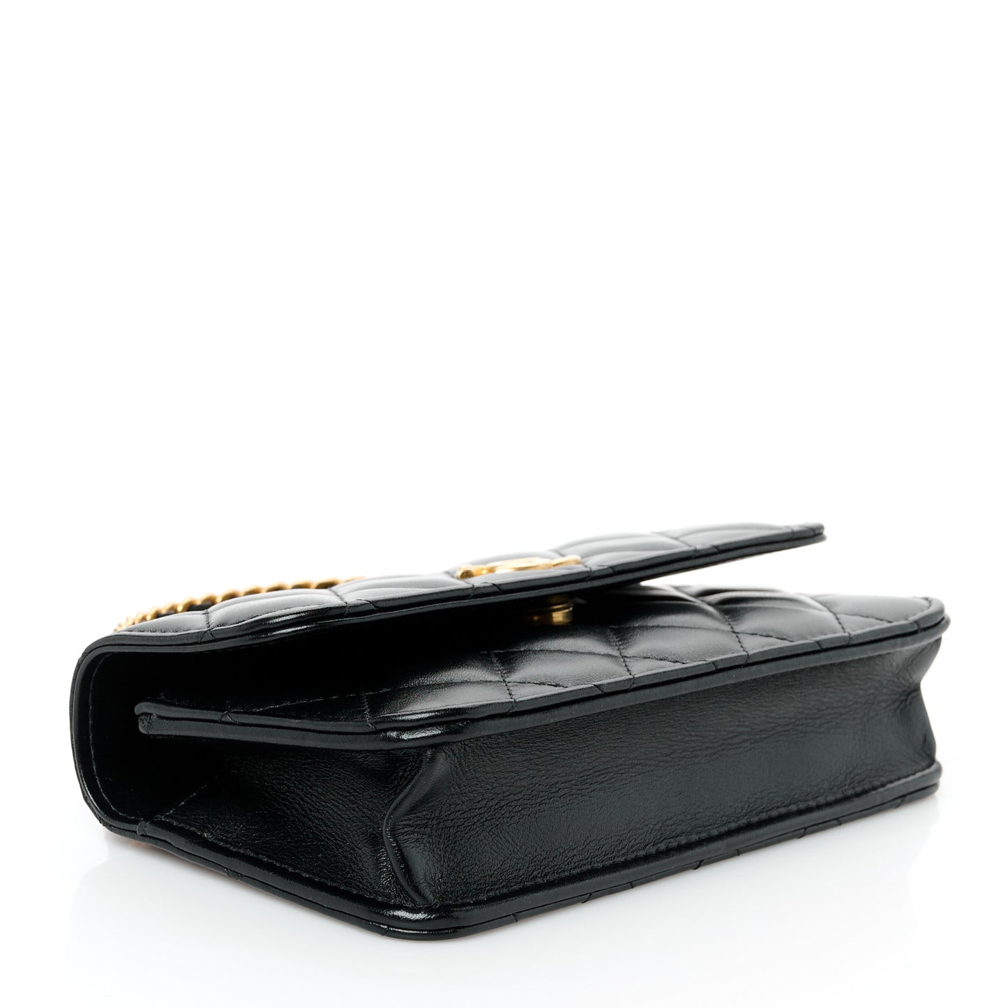 Shiny Calfskin Quilted Top Handle Flap Phone Holder With Chain Black