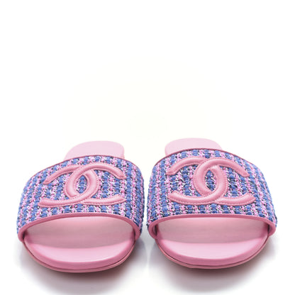 Chanel Tweed Lambskin CC Mules 37.5 Pink Blue 2 of 8