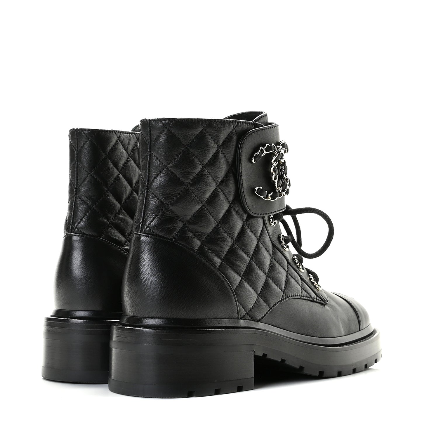 Shiny Lambskin Quilted Lace Up Combat Boots 36 Black