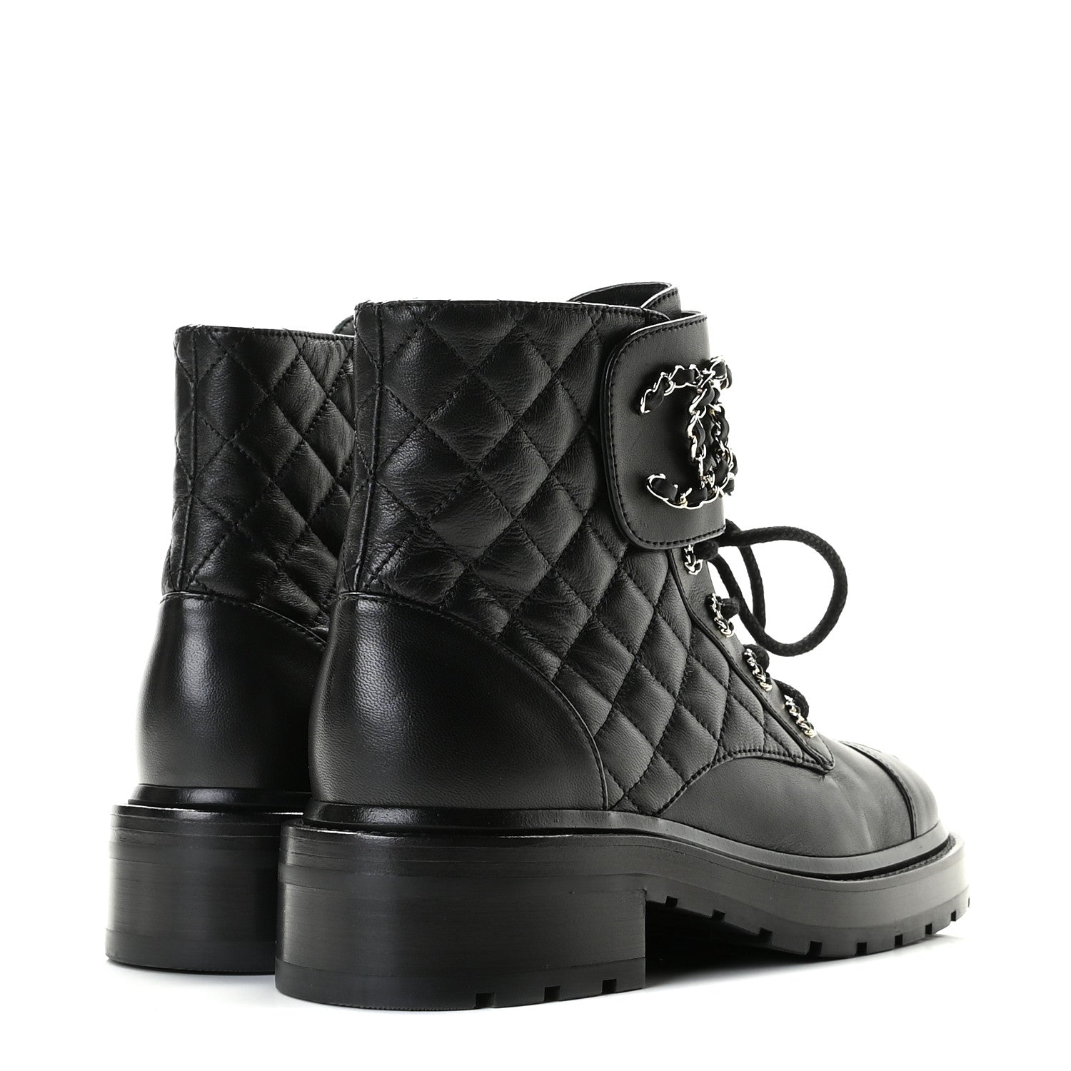 Chanel Shiny Lambskin Quilted Lace Up Combat Boots 36 Black 4 of 11