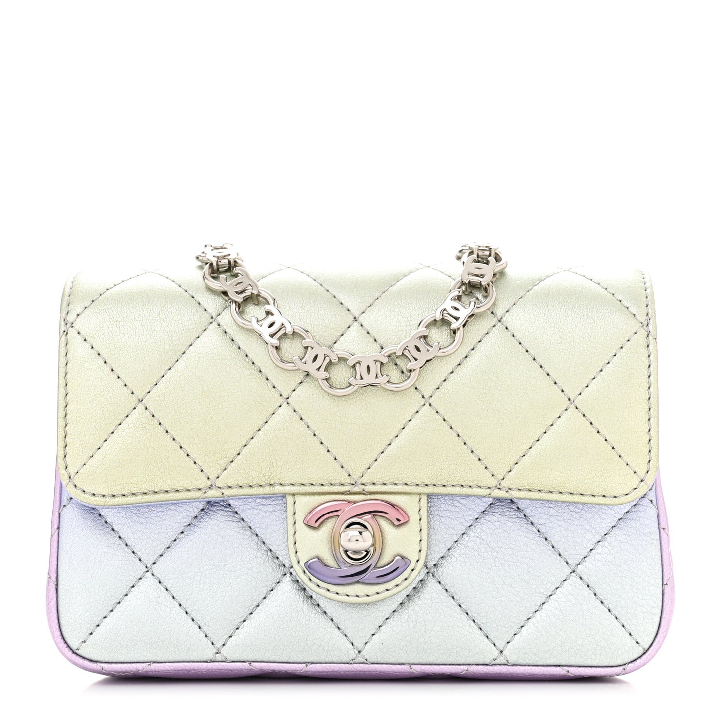 Gradient Metallic Calfskin Quilted Clutch Silver Blue Yellow Purple