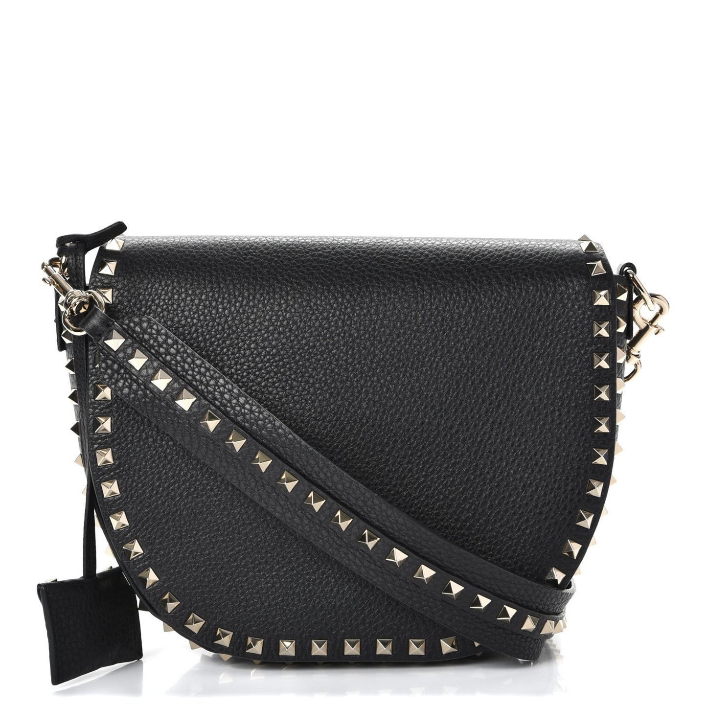 Grained Calfskin Rockstud Halfmoon Saddle Bag Black