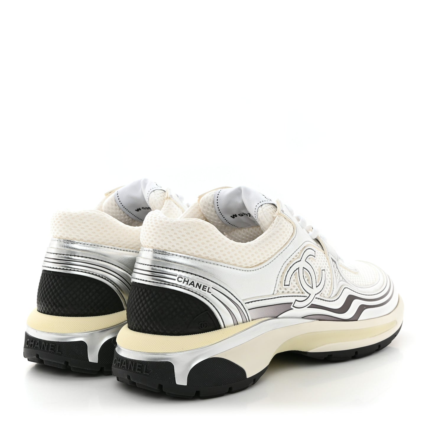 Fabric Laminated Calfskin Stretch CC Sneakers 38.5 White Silver