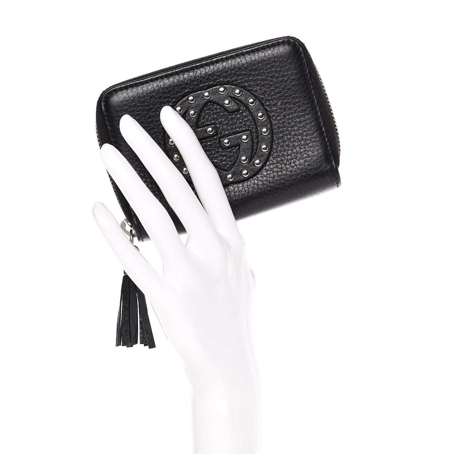 Gucci Pebbled Calfskin Studded Soho Compact Disco Zip Around Wallet Black 2 of 14