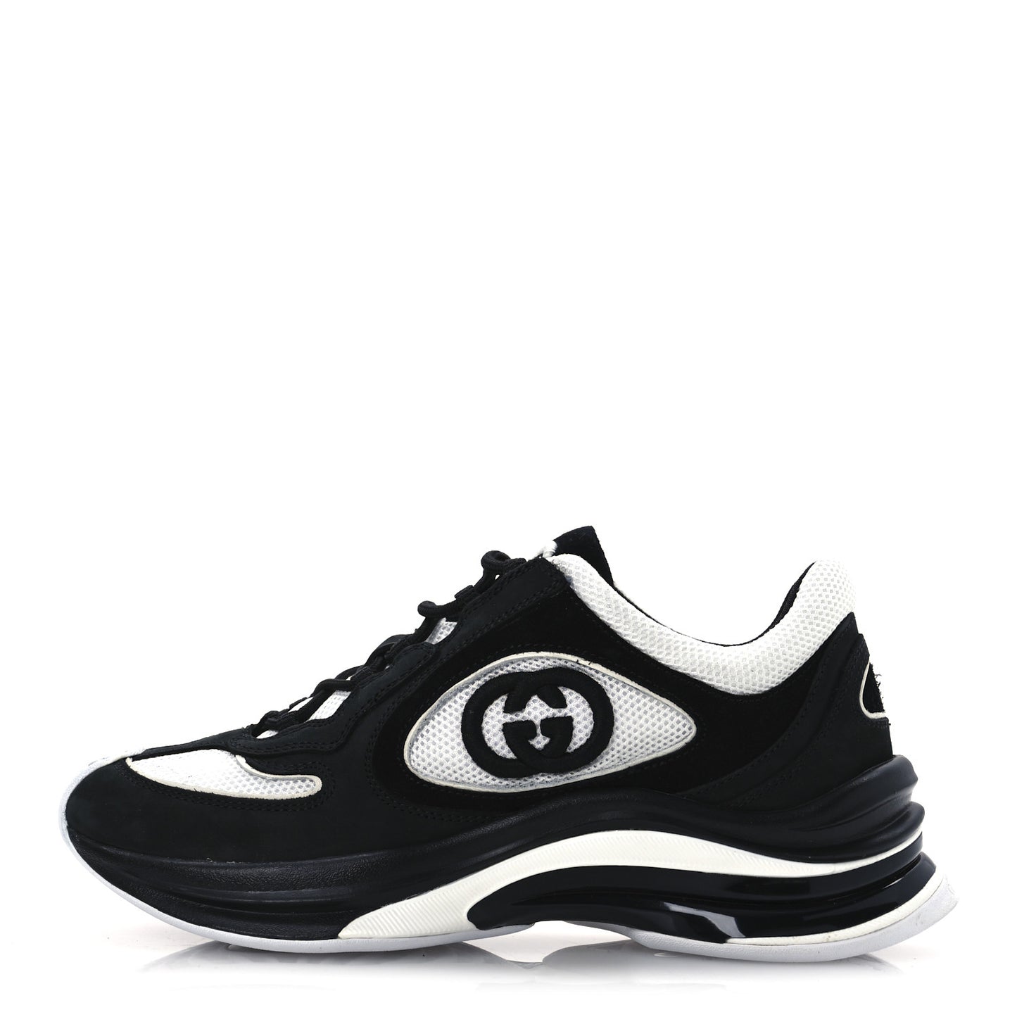 Technical Knit Fabric Suede Calfskin Womens Gucci Run Sneakers 35.5 Black White