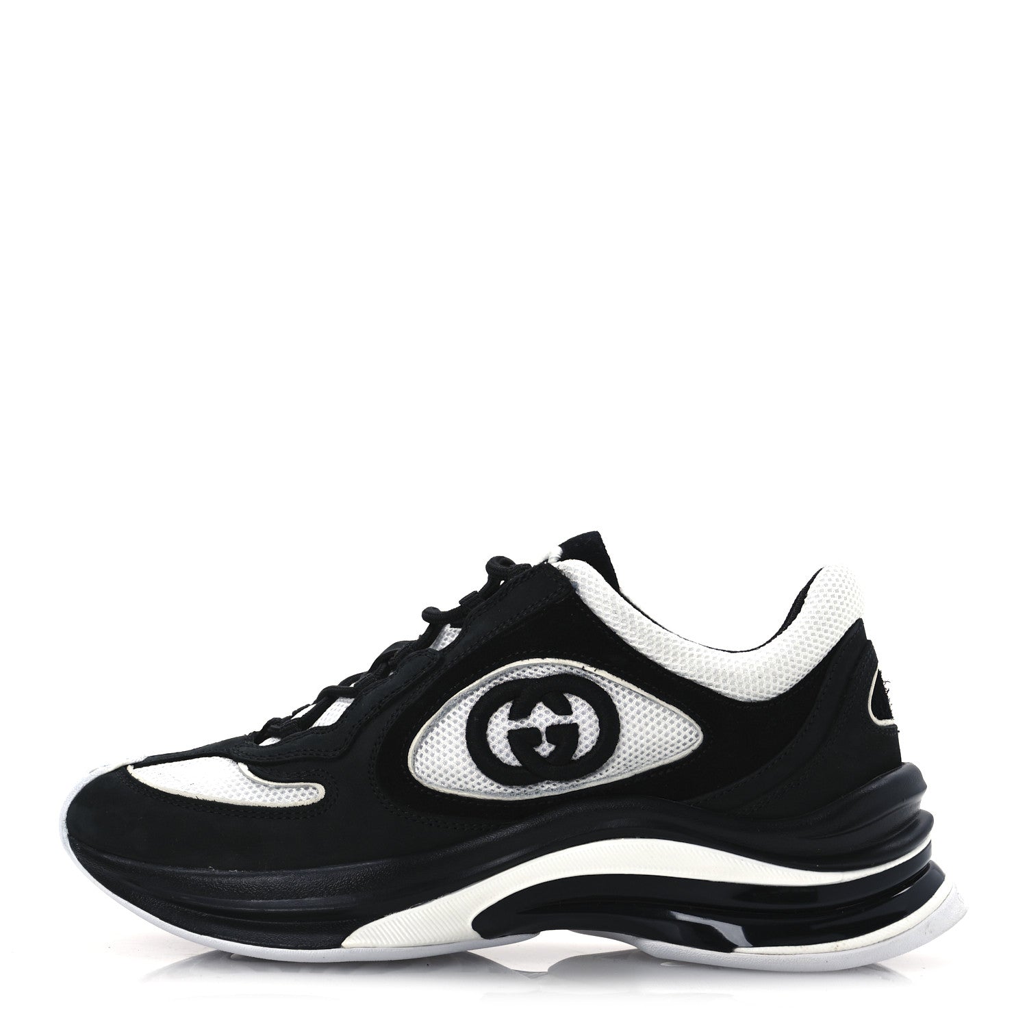 Gucci Technical Knit Fabric Suede Calfskin Womens Gucci Run Sneakers 35.5 Black White 1 of 12
