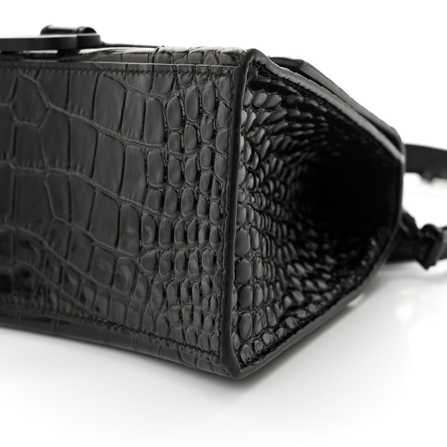 Shiny Calfskin Monochrome Crocodile Embossed Small Hourglass Top Handle Bag Black