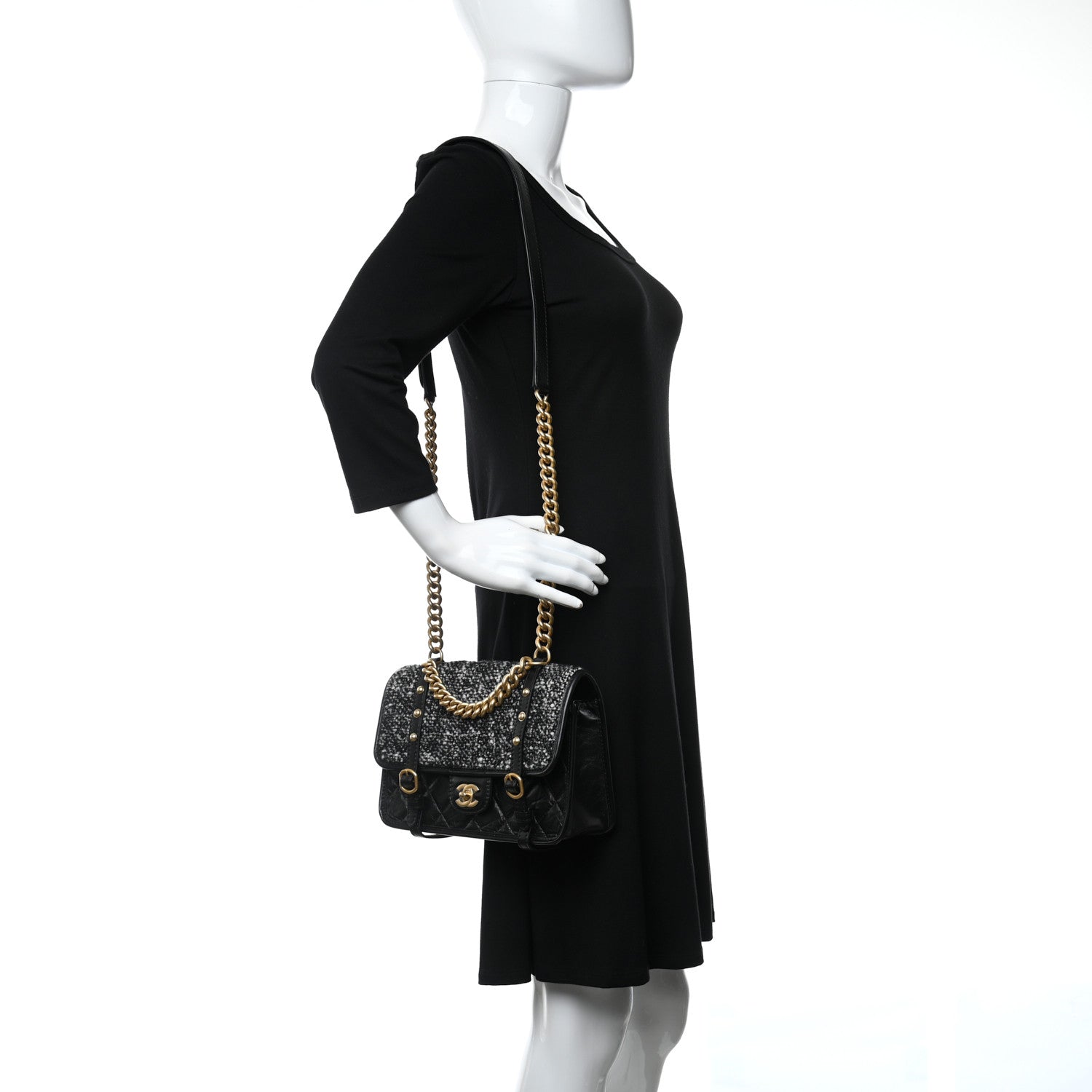Chanel Aged Calfskin Tweed Quilted City School Flap Black 3 of 9