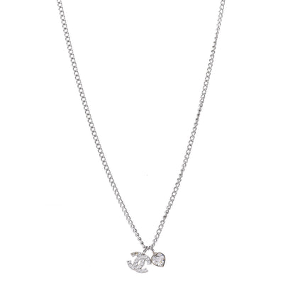 Chanel Crystal Mini Heart CC Necklace Silver 1 of 5
