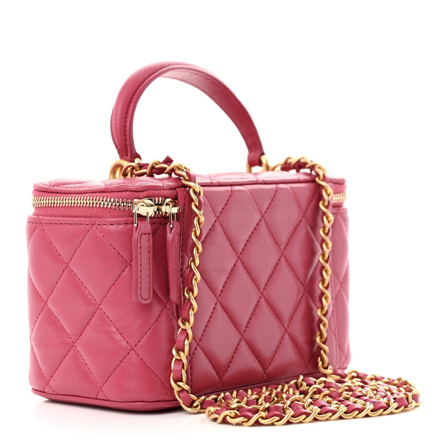 Lambskin Quilted Small Top Handle Vanity Case With Chain Dark Pink